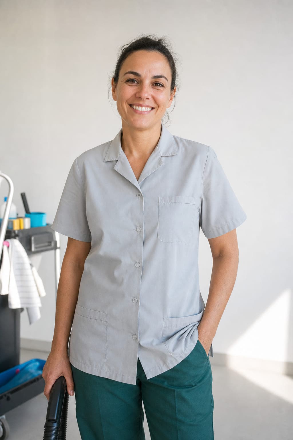 Portraet von Aynur Kirschbaum, laechelnd vor einer hellen Wand.